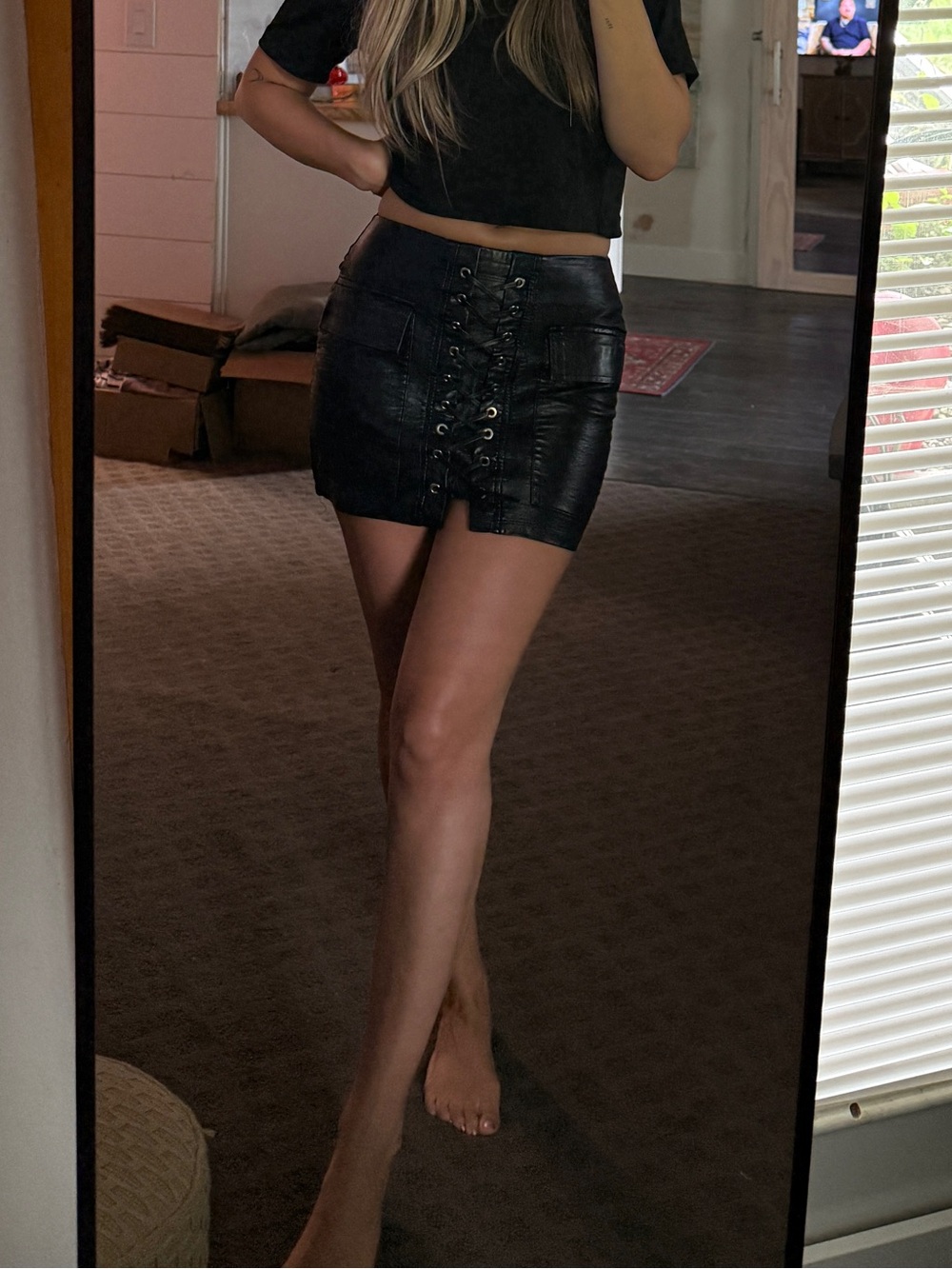 Black Faux Leather Lace-Up Mini Skirt